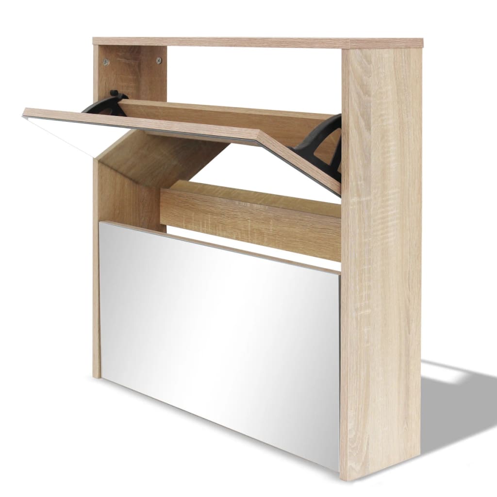 Mode Shoe Bench Natural Walnut & Glass Mirror 2 Compartments Rectangular