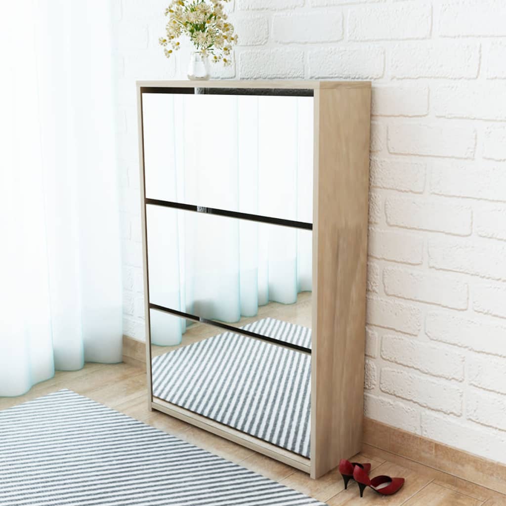 Arc Shoe Bench Natural Walnut & Glass Mirror 3 Compartments Tall & Narrow