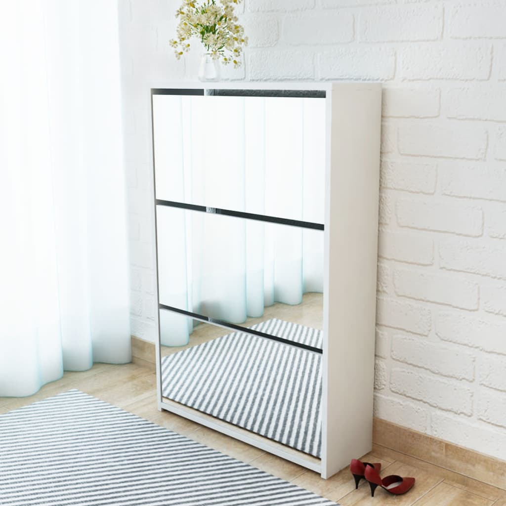 Arc Shoe Bench Natural Walnut & Glass Mirror 3 Compartments Tall & Narrow