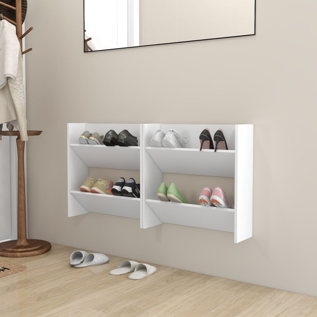 Set of 2 Modern 30" Wall Mounted Pine Shoe Cabinet With 2 Tiers