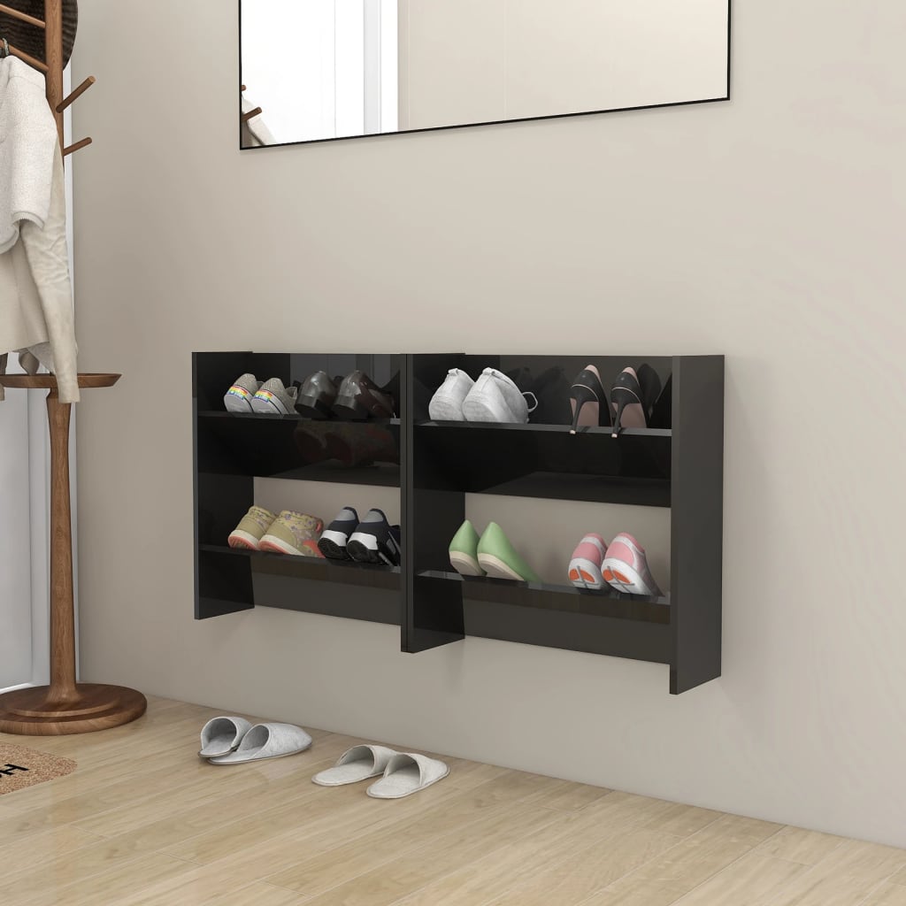 Set of 2 Modern 30" Wall Mounted Pine Shoe Cabinet With 2 Tiers