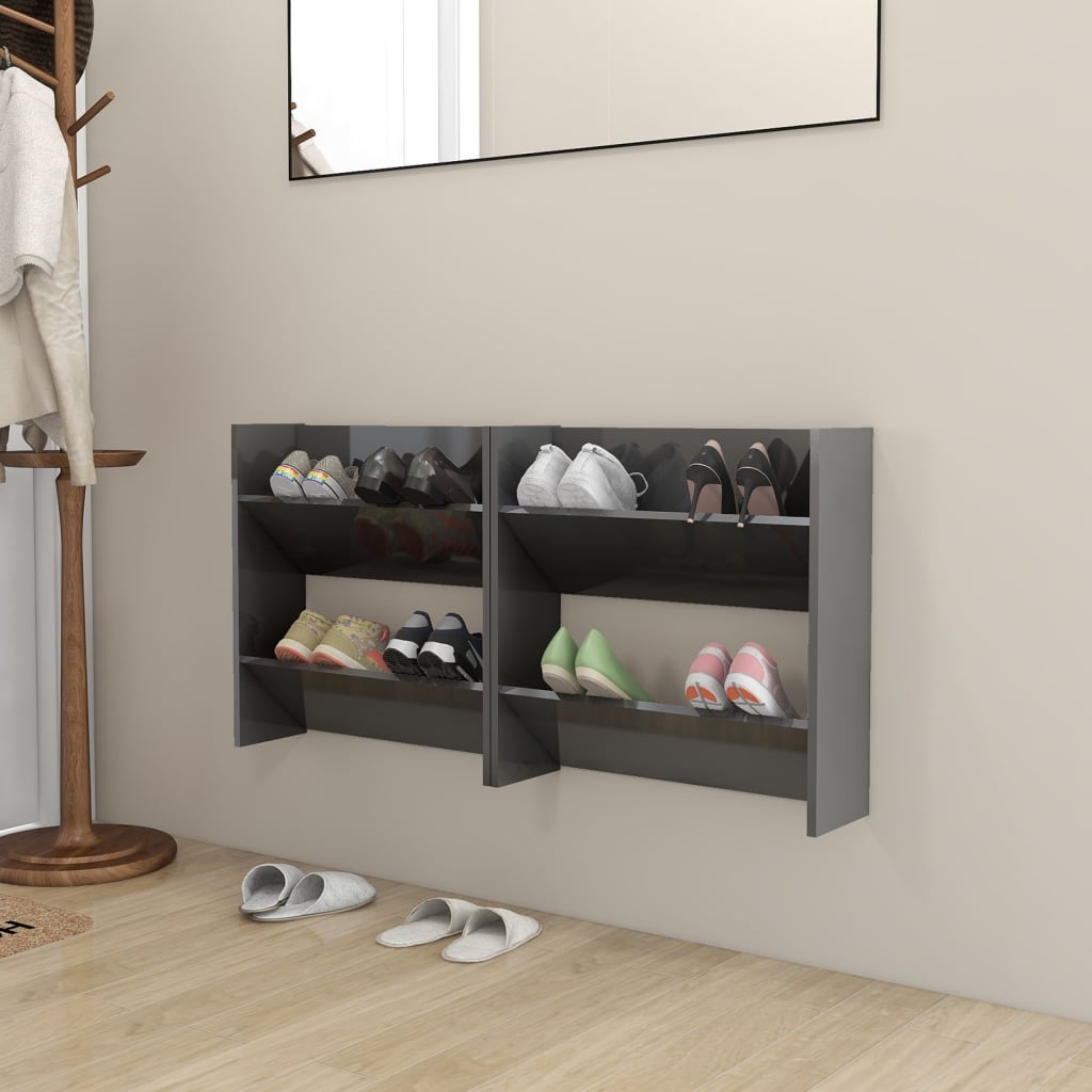Set of 2 Modern 30" Wall Mounted Pine Shoe Cabinet With 2 Tiers