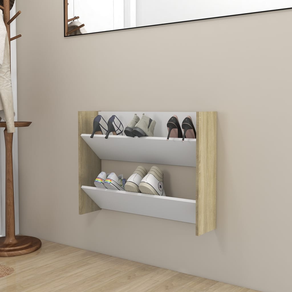 6 Pair Modern 30" Wall Mounted Pine Shoe Cabinet With 2 Tiers