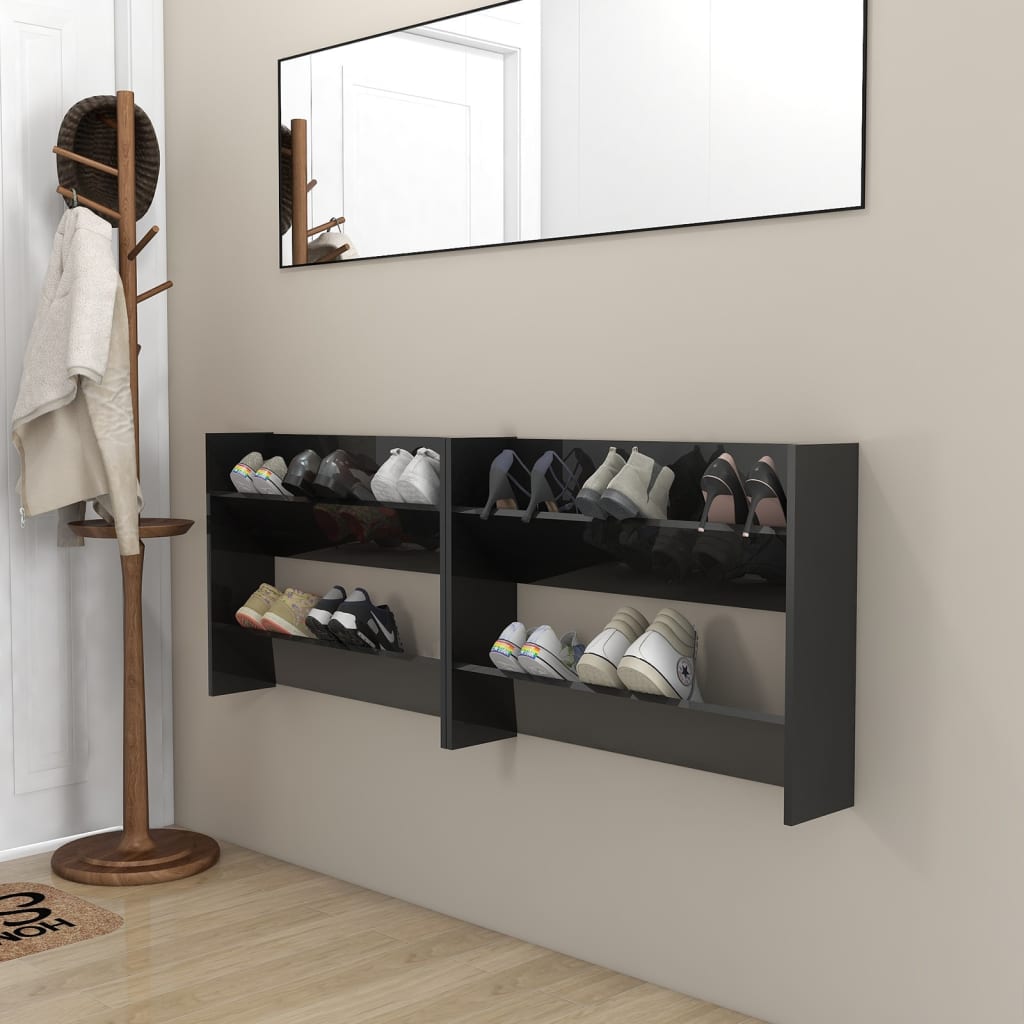 Set of 2 Modern 30" Wall Mounted Pine Shoe Cabinet With 2 Tiers