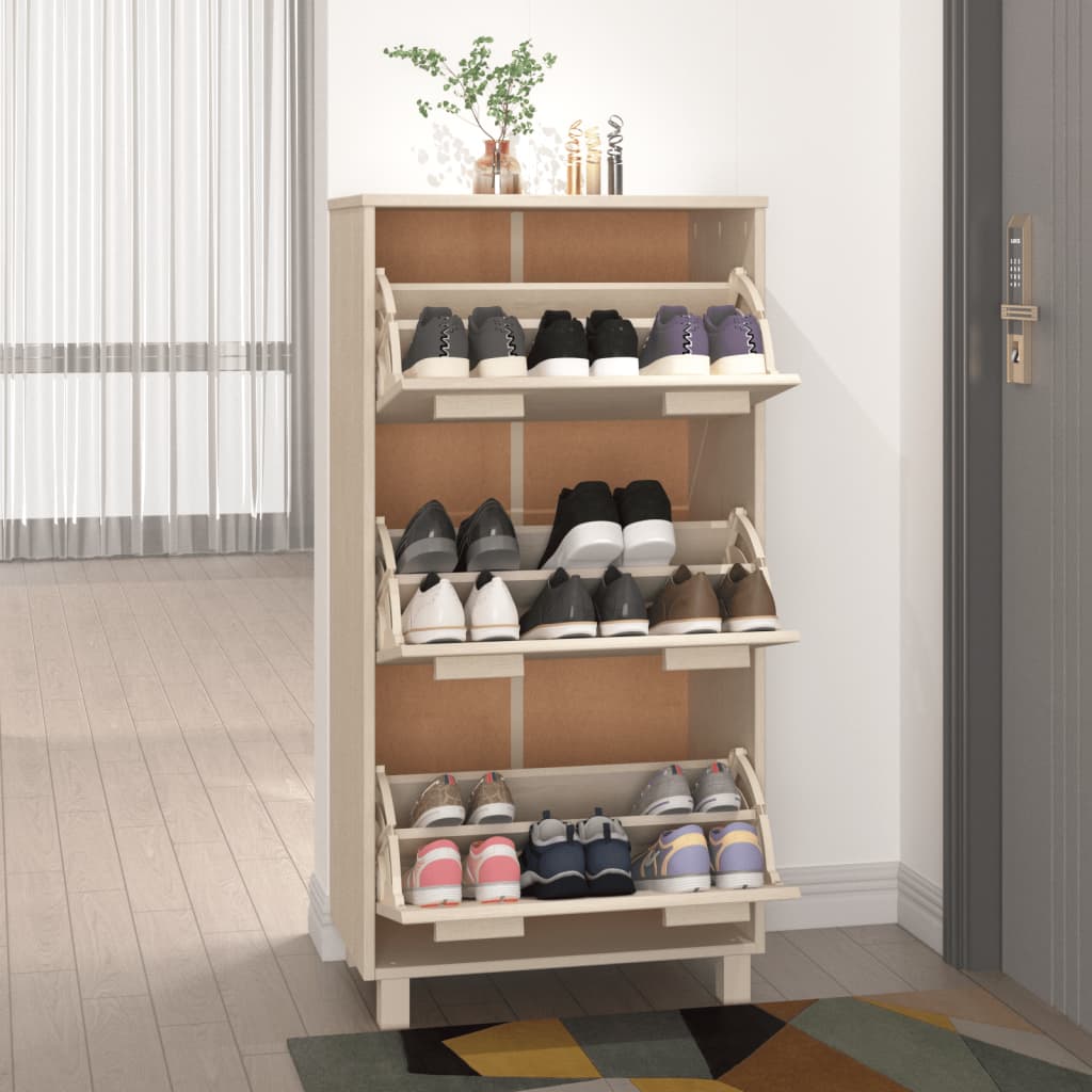 Shoe Cabinet Honey Solid Pine 3 Compartments Medium Height