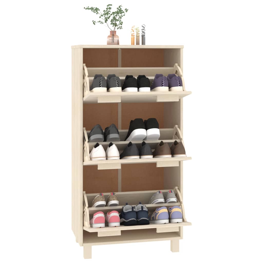 Shoe Cabinet Honey Solid Pine 3 Compartments Medium Height