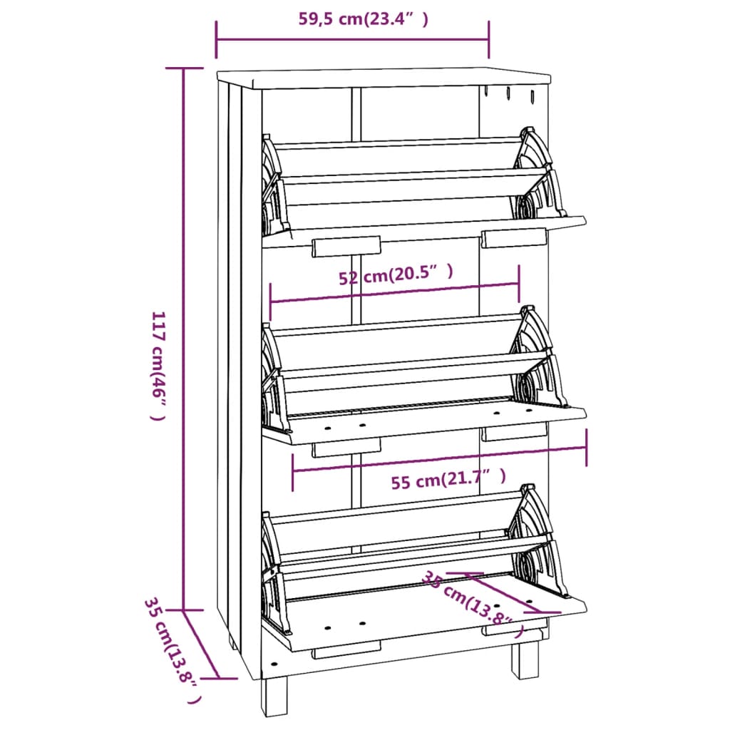 Shoe Cabinet Honey Solid Pine 3 Compartments Medium Height