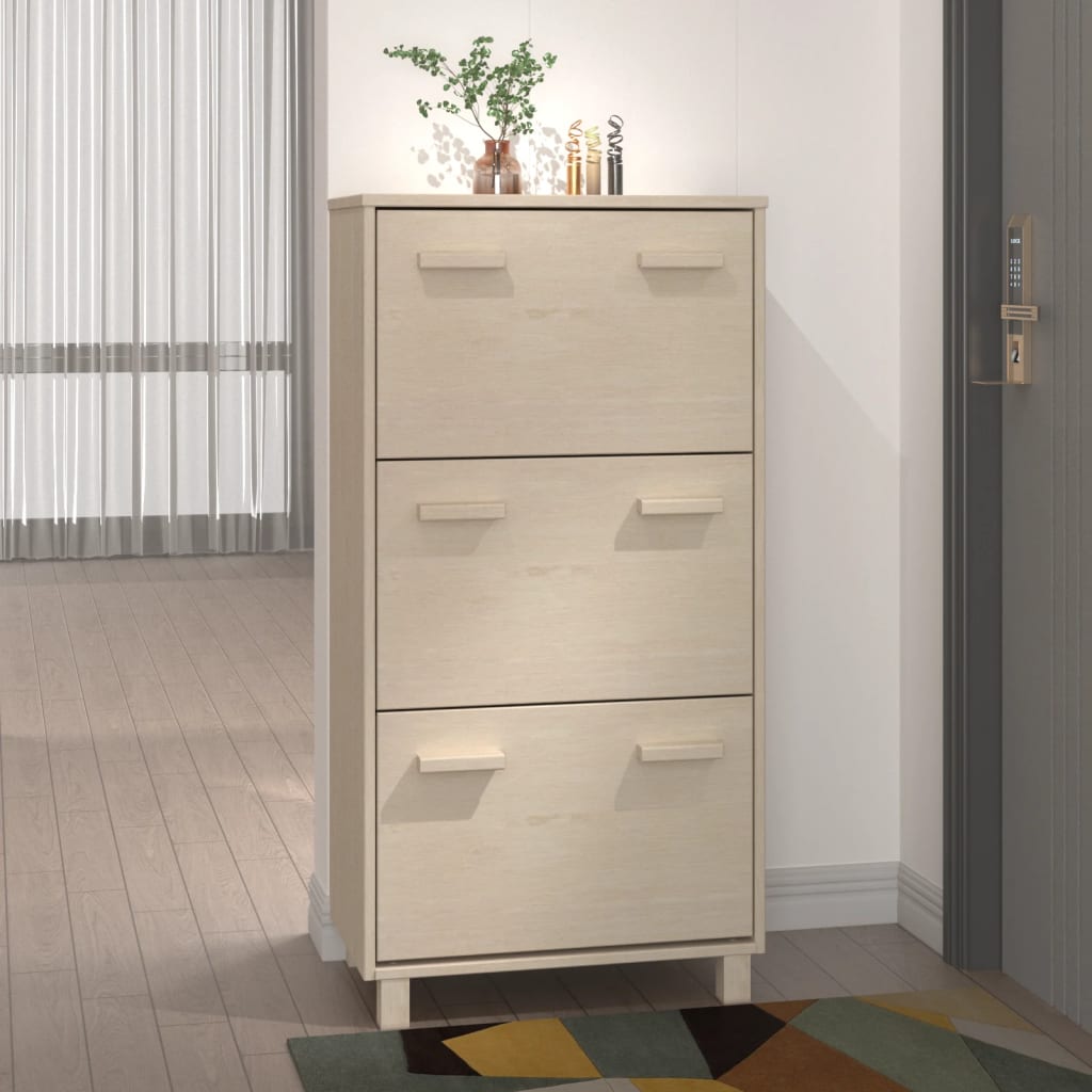 Shoe Cabinet Honey Solid Pine 3 Compartments Medium Height
