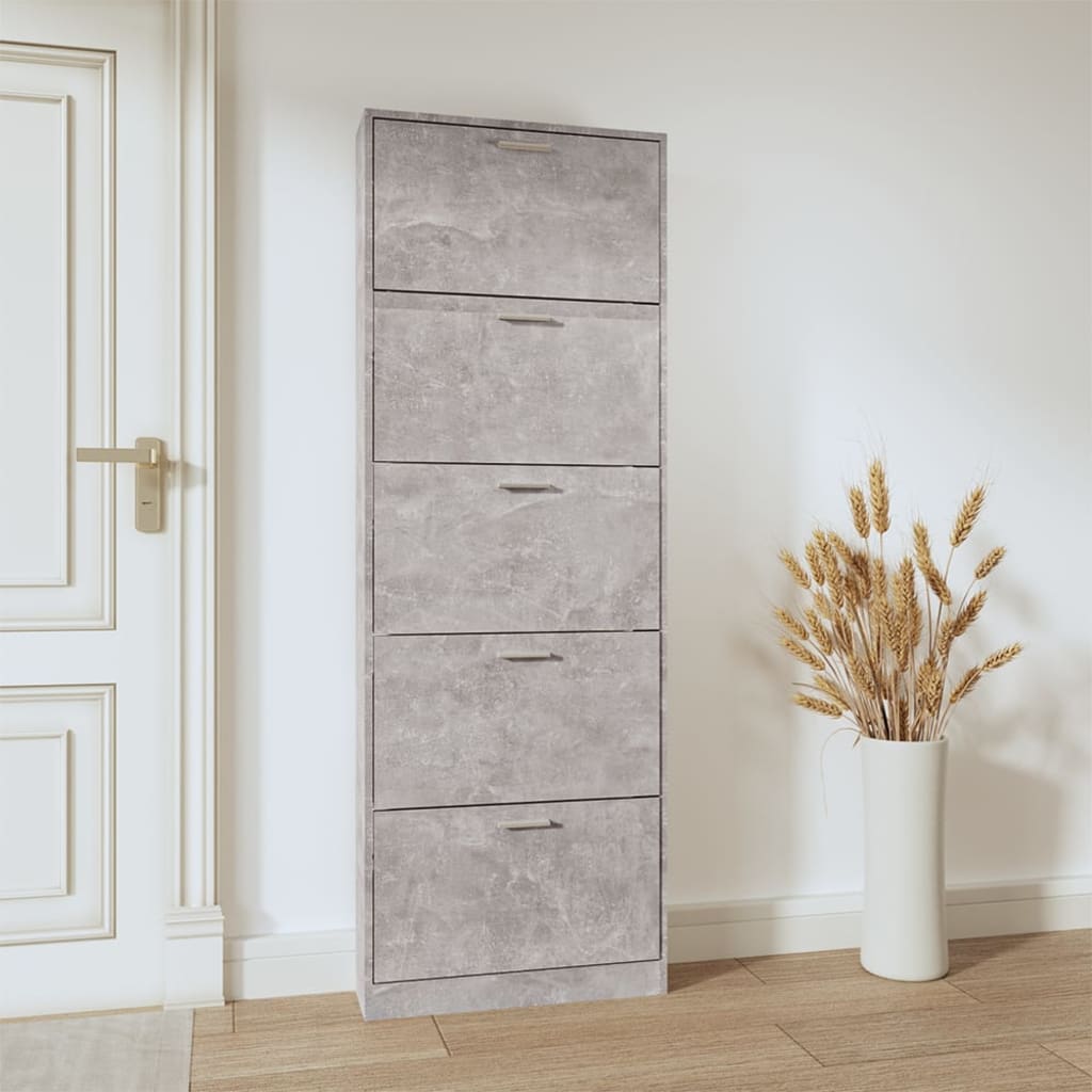 Shoe Cabinet Concrete-Finished Pine 5 Drop-Down Drawers Tall & Narrow