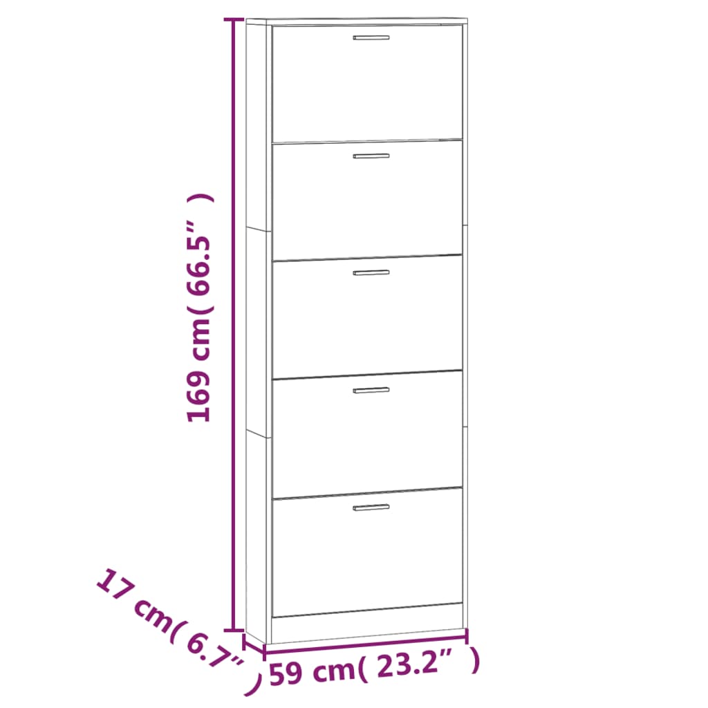 Shoe Cabinet Concrete-Finished Pine 5 Drop-Down Drawers Tall & Narrow