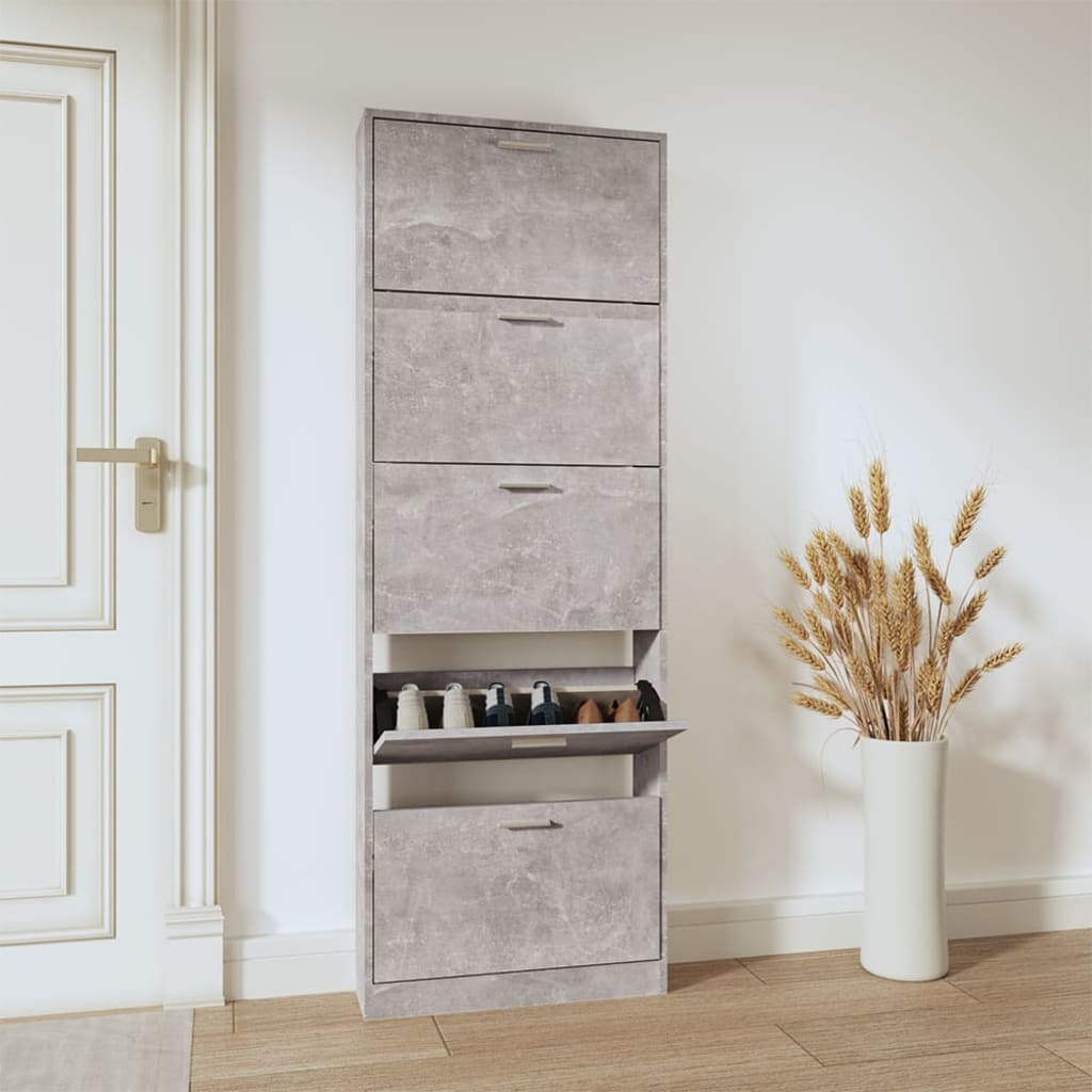 Shoe Cabinet Concrete-Finished Pine 5 Drop-Down Drawers Tall & Narrow