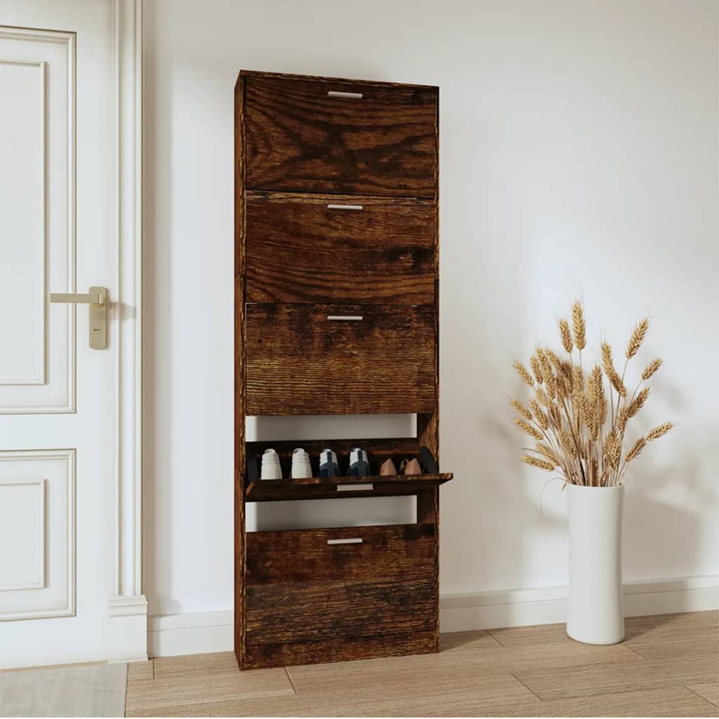 Shoe Cabinet Concrete-Finished Pine 5 Drop-Down Drawers Tall & Narrow