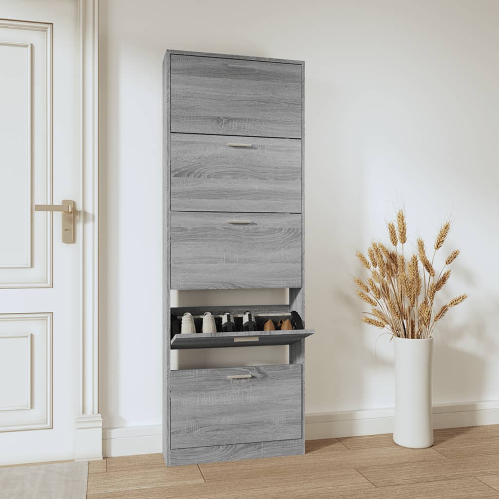 Shoe Cabinet Concrete-Finished Pine 5 Drop-Down Drawers Tall & Narrow
