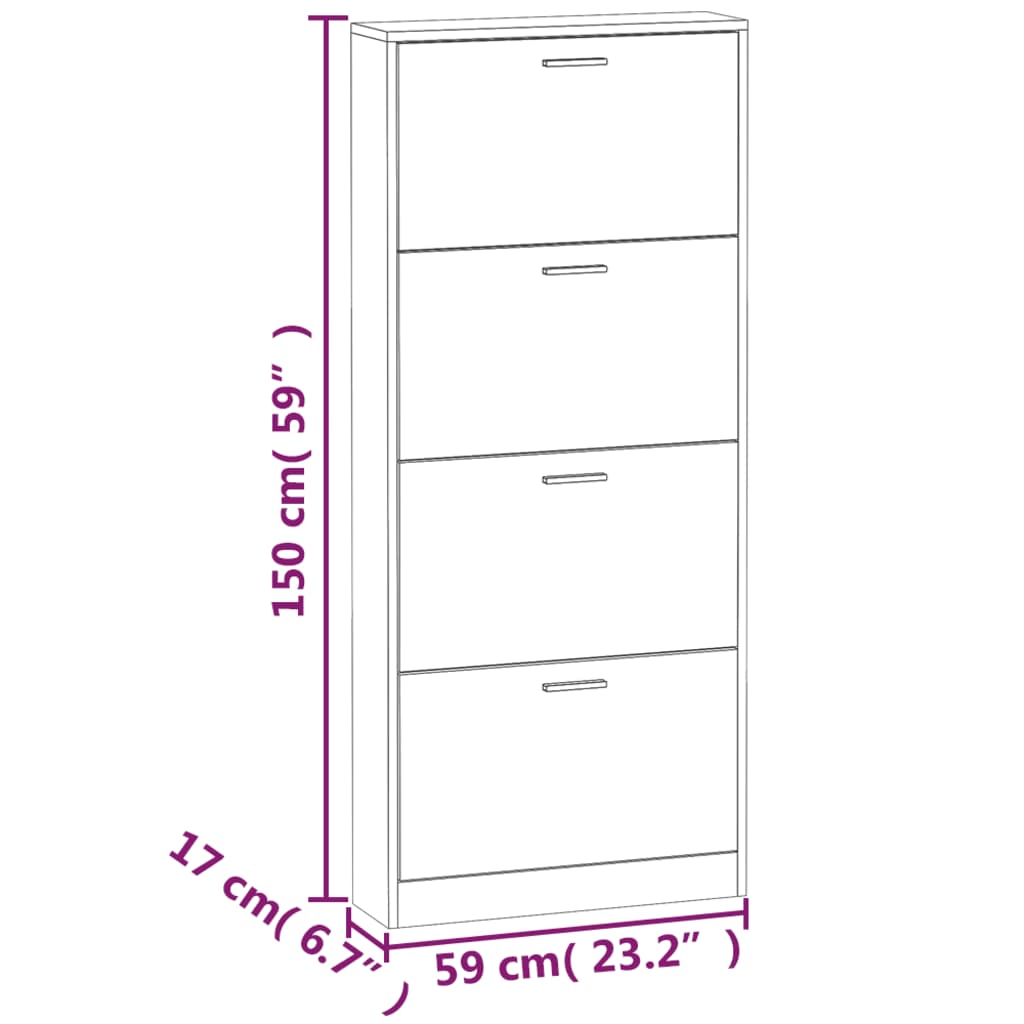Shoe Cabinet Hand-Finished Pine 4 Drop-Down Drawers Tall & Narrow