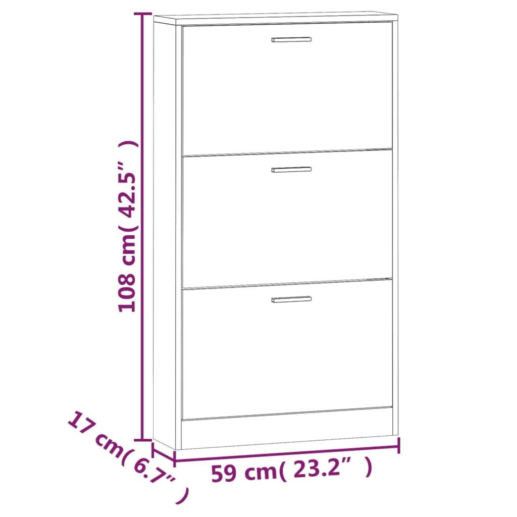 Shoe Cabinet Hand-Finished Pine 3 Drop-Down Drawers Rectangular