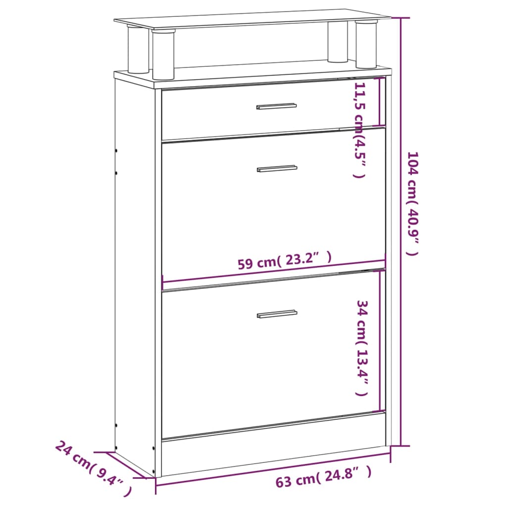 Shoe Cabinet Hand-Finished Pine 3 Drop-Down Drawers Rectangular