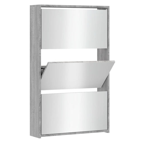 Shoe Cabinet Brown Oak & Mirror Glass Tall & Narrow