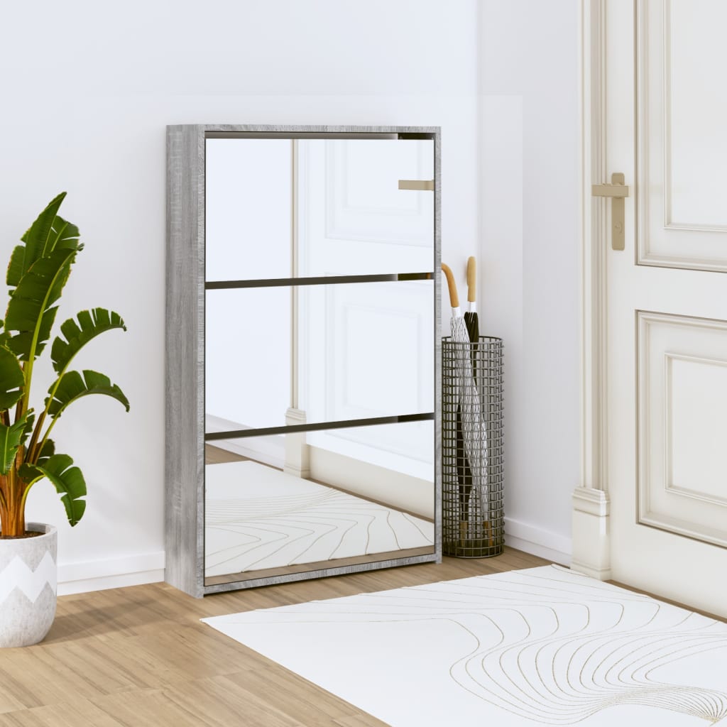 Shoe Cabinet Brown Oak & Mirror Glass Tall & Narrow
