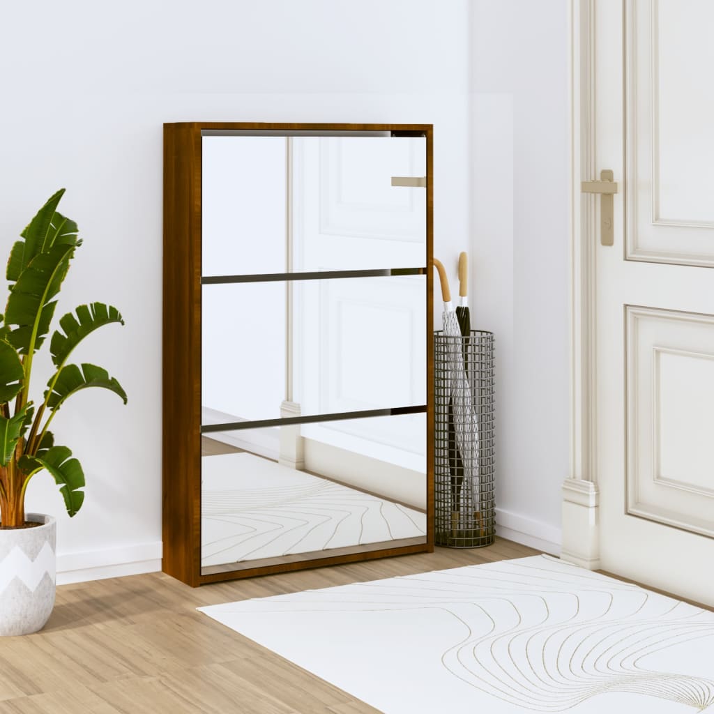 Shoe Cabinet Brown Oak & Mirror Glass Tall & Narrow