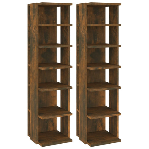 Set of 2 10" Narrow & Tall Smoked Oak Shoe Cabinet With 6 Tiers