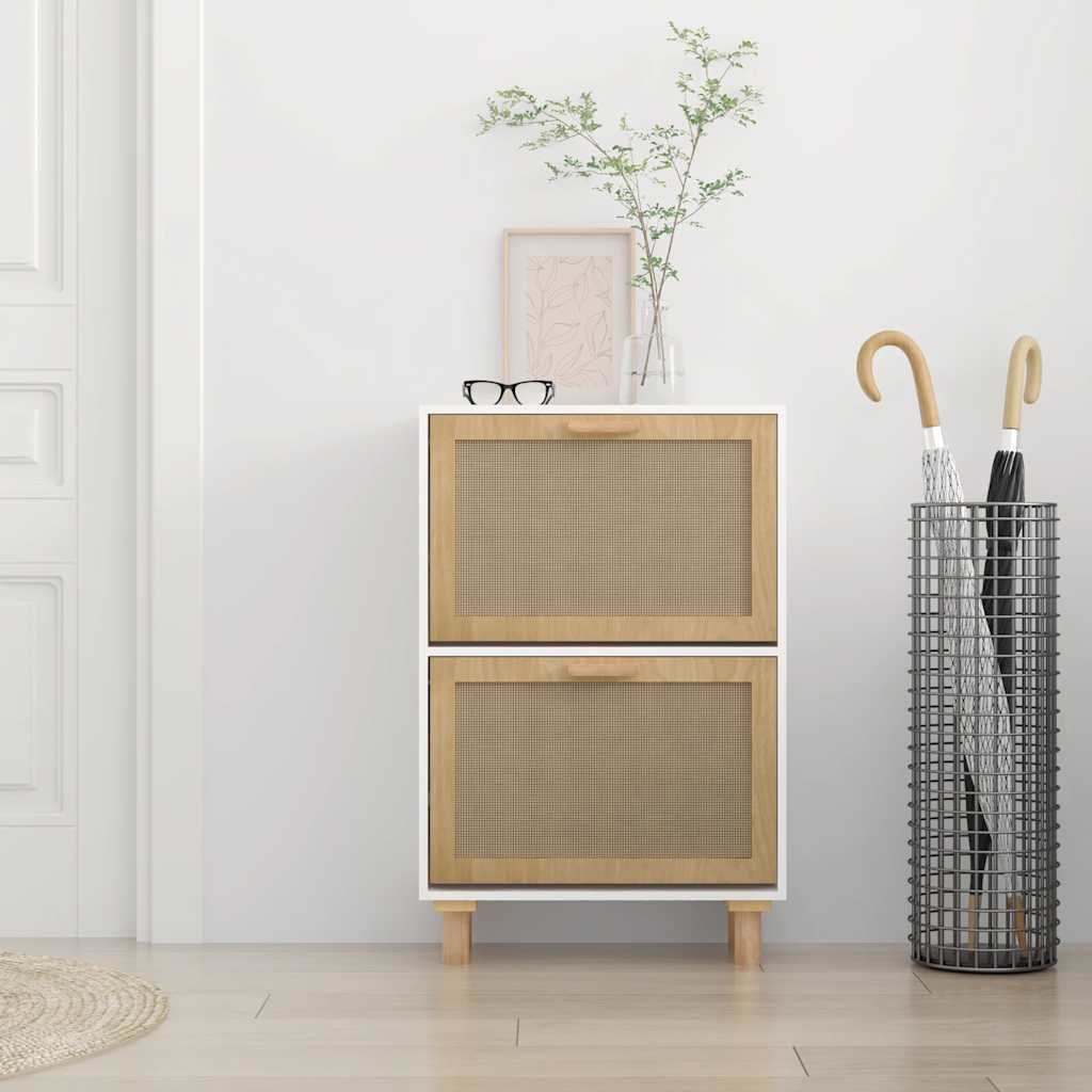Shoe Cabinet Natural Rattan & Solid Pine 2 Drop-Down Drawers Medium Height