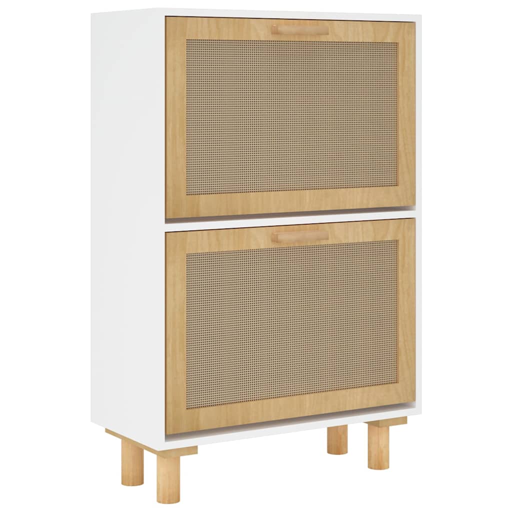 Shoe Cabinet Natural Rattan & Solid Pine 2 Drop-Down Drawers Medium Height