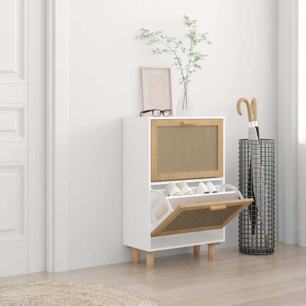 Shoe Cabinet Natural Rattan & Solid Pine 2 Drop-Down Drawers Medium Height