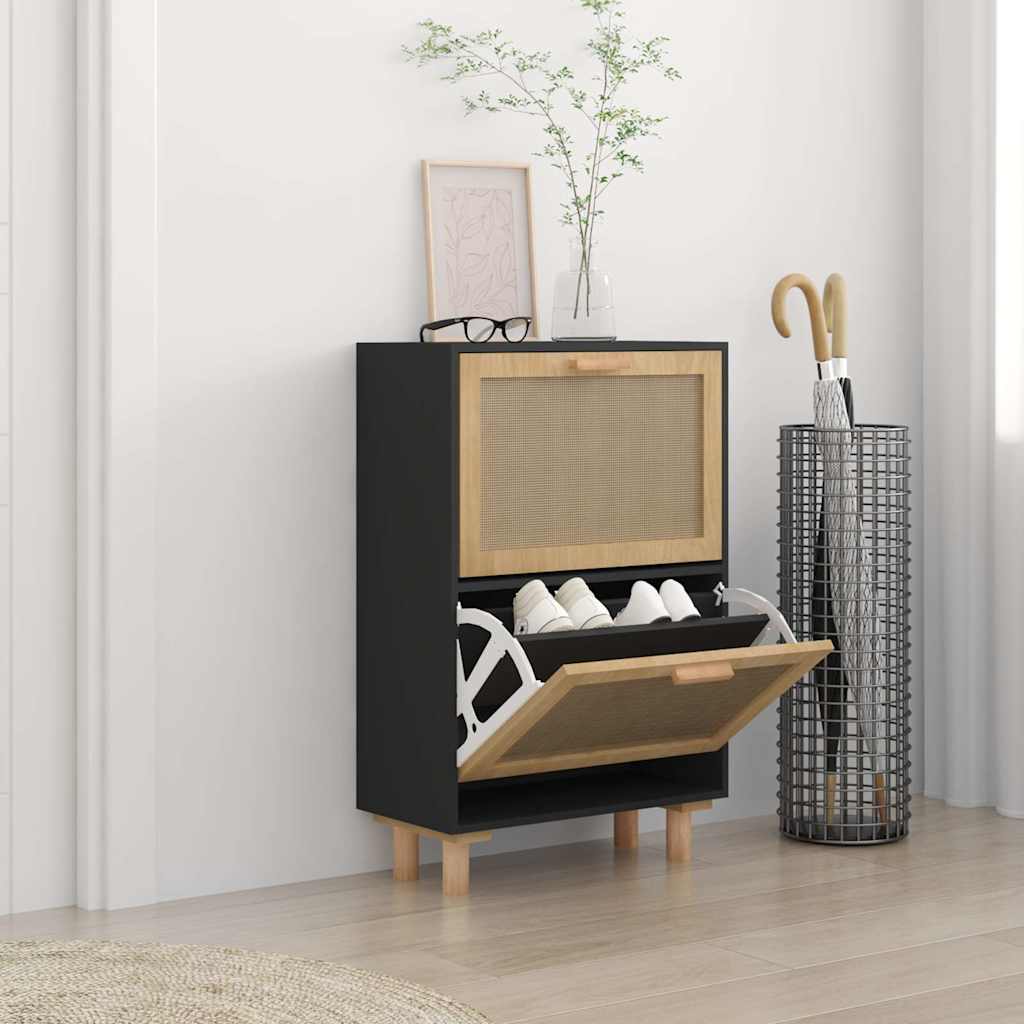 Shoe Cabinet Natural Rattan & Solid Pine 2 Drop-Down Drawers Medium Height