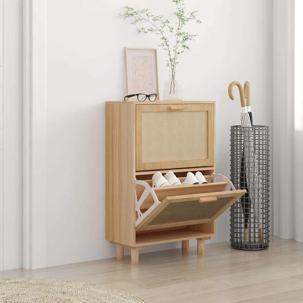Shoe Cabinet Natural Rattan & Solid Pine 2 Drop-Down Drawers Medium Height