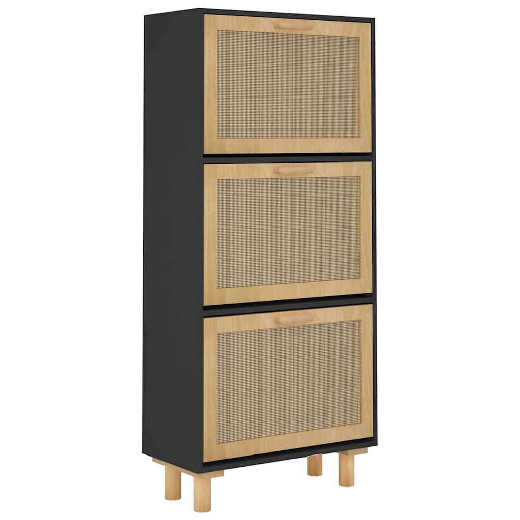 Shoe Cabinet Natural Rattan & Solid Pine 3 Drop-Down Drawers Medium Height