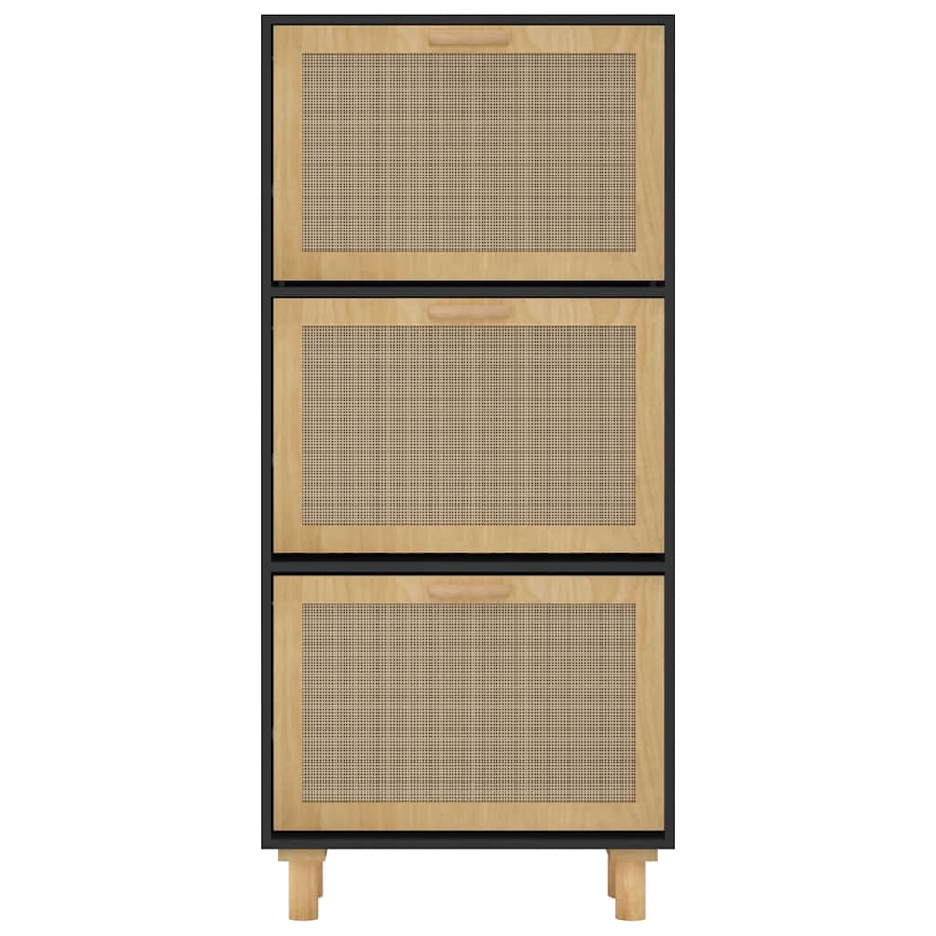 Shoe Cabinet Natural Rattan & Solid Pine 3 Drop-Down Drawers Medium Height