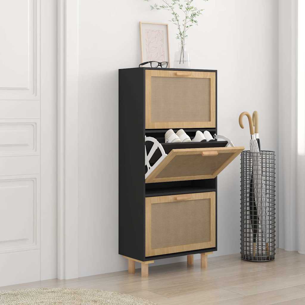 Shoe Cabinet Natural Rattan & Solid Pine 3 Drop-Down Drawers Medium Height