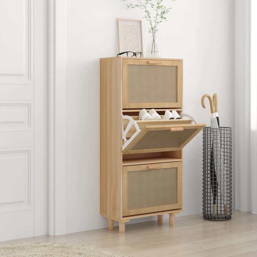 Shoe Cabinet Natural Rattan & Solid Pine 3 Drop-Down Drawers Medium Height