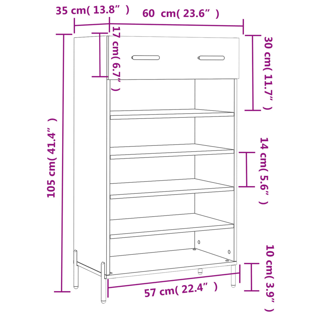 Luxo Shoe Cabinet Solid Oak 6 Compartments Tall & Metal Feet