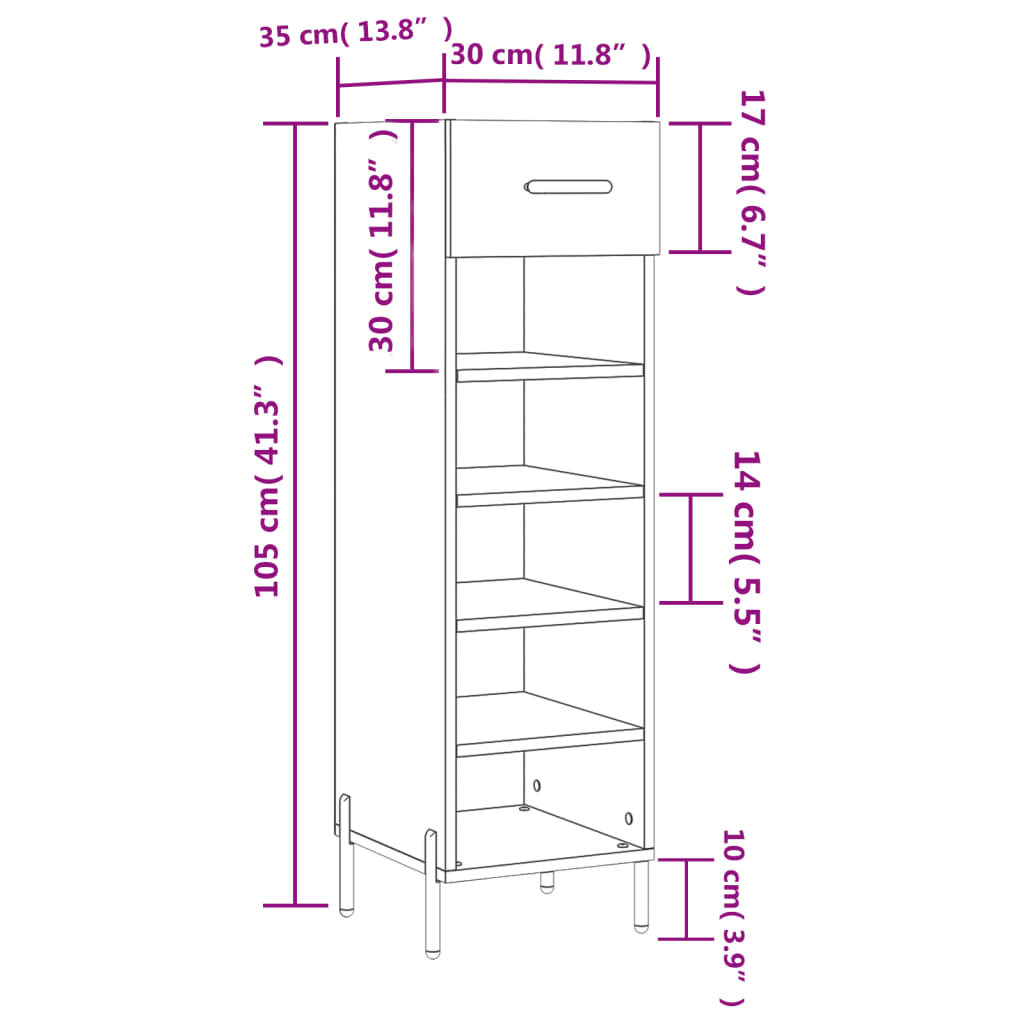 Luxo Shoe Cabinet Solid Oak 5 Compartments Tall & Skinny & Metal Feet