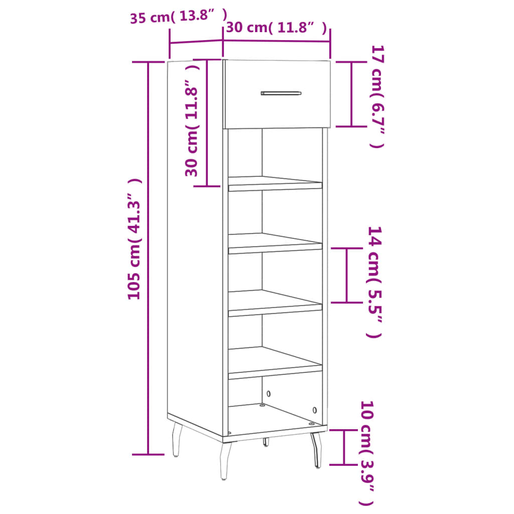 Luxo Shoe Cabinet Solid Oak 5 Compartments Tall & Skinny & Metal Feet
