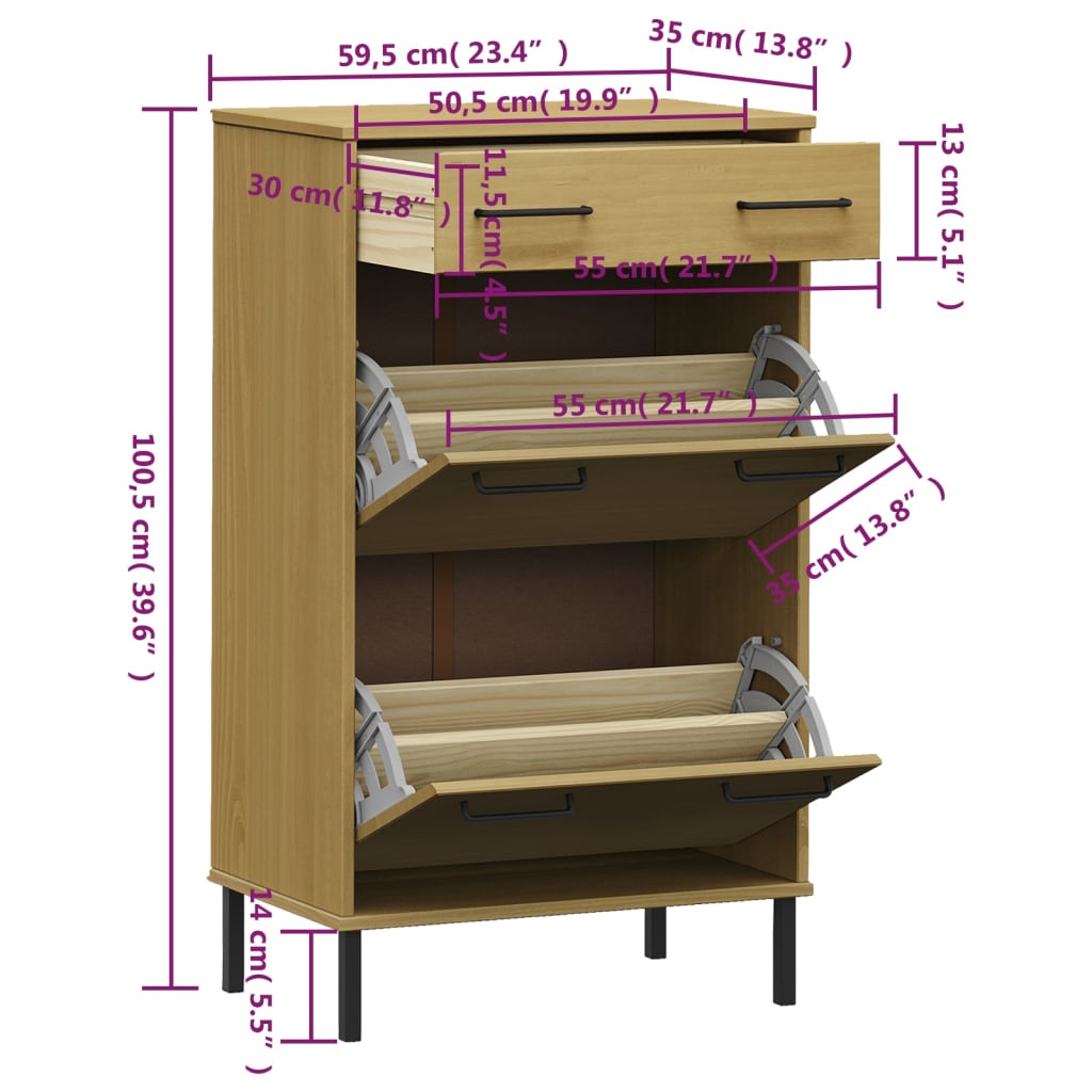 Shoe Cabinet Honey Wax Pine 3 Drawers Rectangular