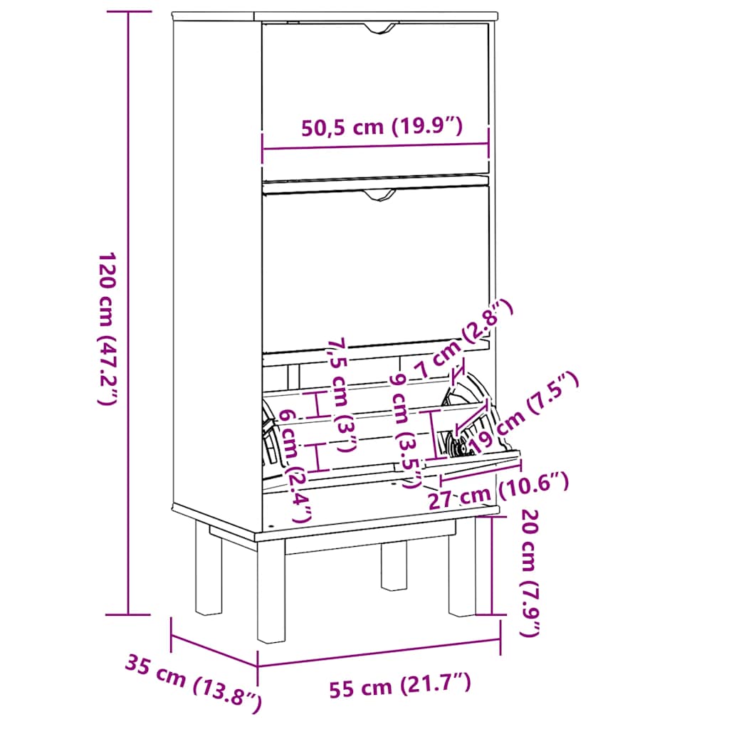 Shoe Cabinet Honey Wax Pine 3 Compartments Rectangular