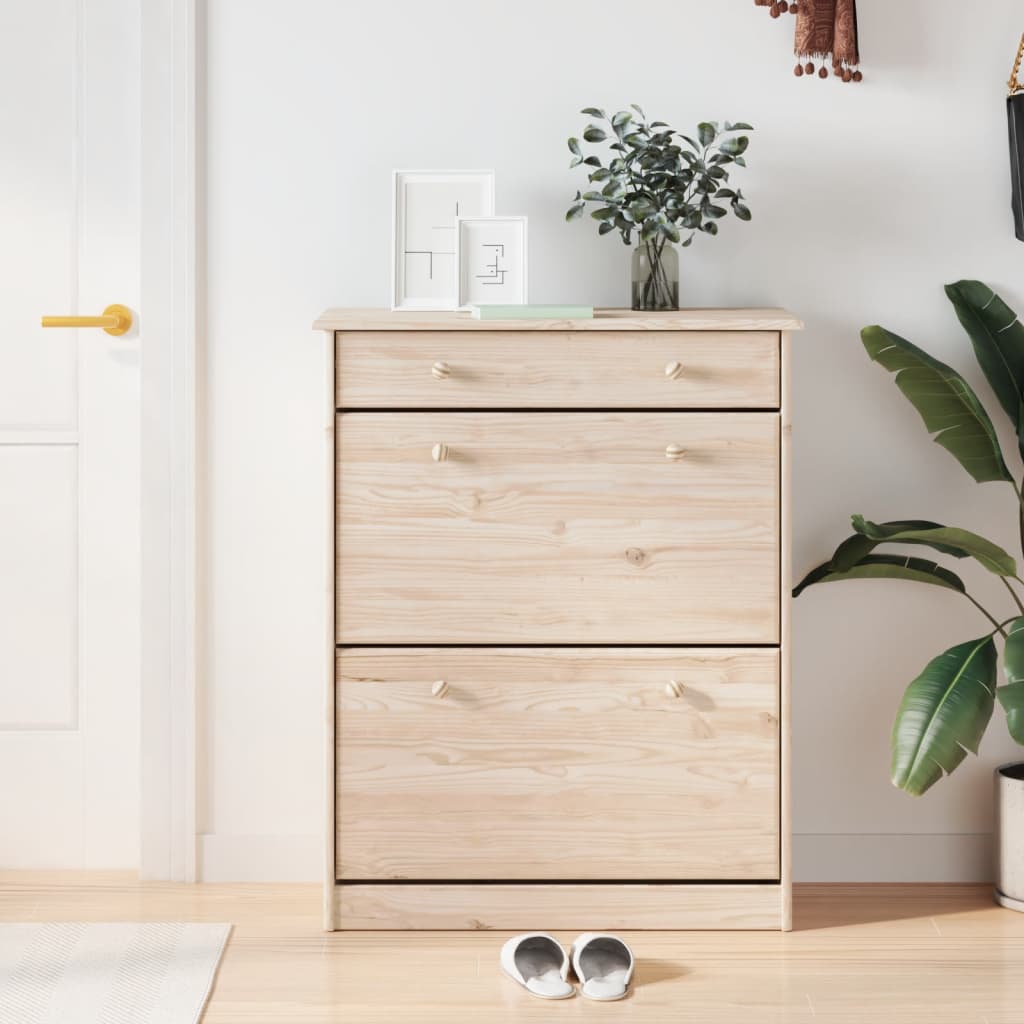 Shoe Cabinet Natural, Solid Pine 3 Compartments Rectangular