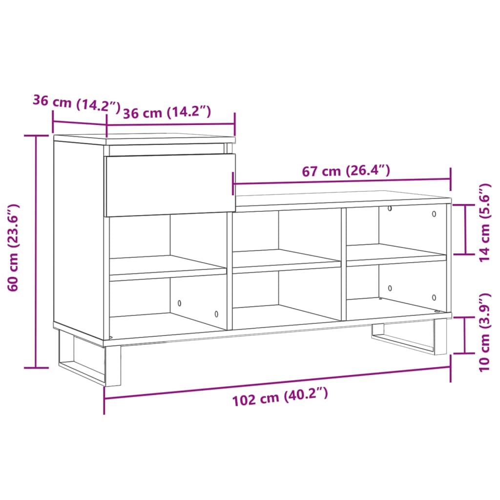 Luxo Shoe Cabinet Solid Oak 7 Compartments Rectangular & Metal Feet