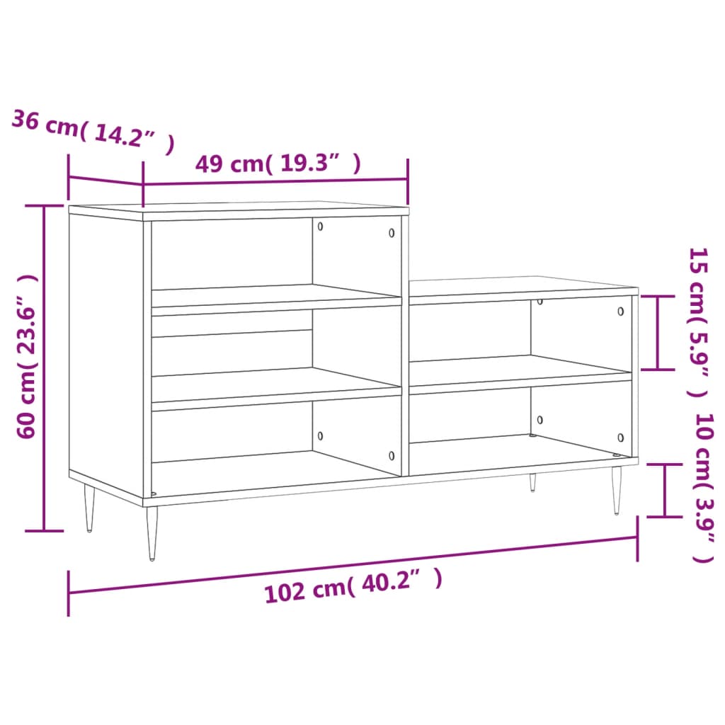Luxo Shoe Cabinet Solid Oak 5 Compartments Rectangular & Metal Feet