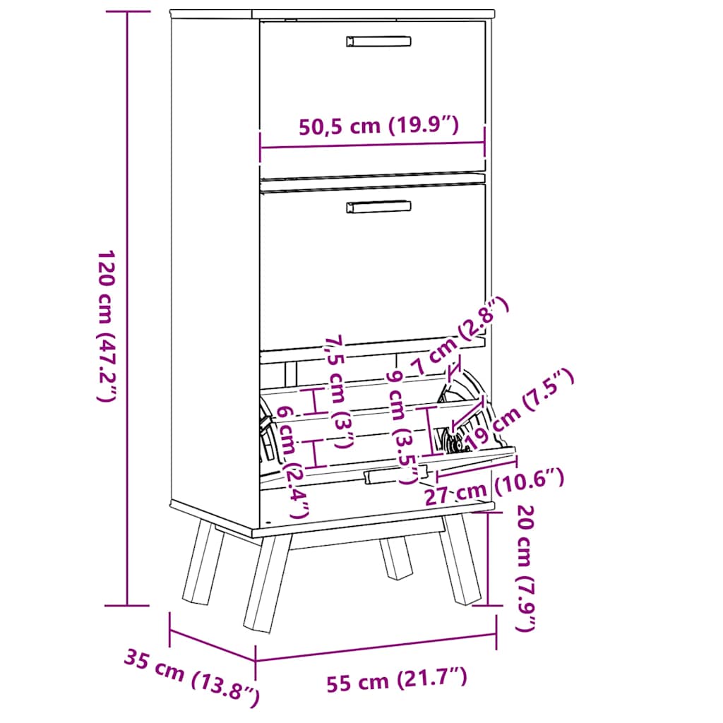 Shoe Cabinet Solid Pine 3 Drop-Down Compartments Medium Height