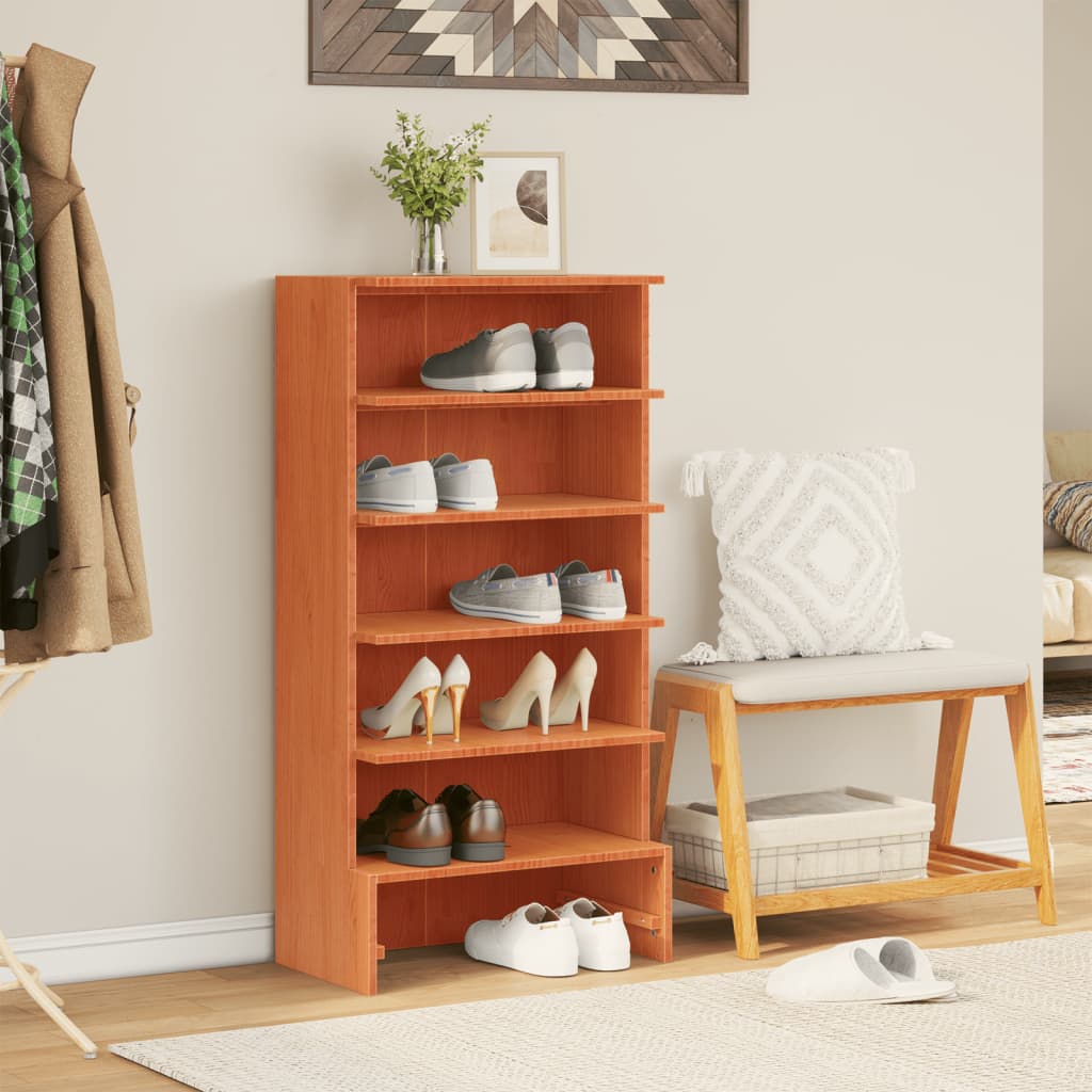 Freya Shoe Cabinet Wax Brown Solid Pine Wood 6 Compartments Tall & Skinny