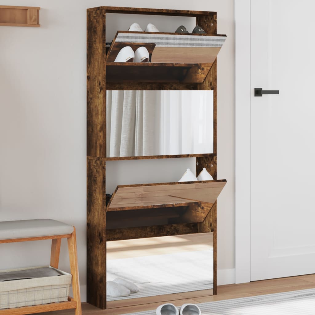 Shoe Cabinet Natural Solid Pine & Glass Tall 4 Drop-Down Drawers