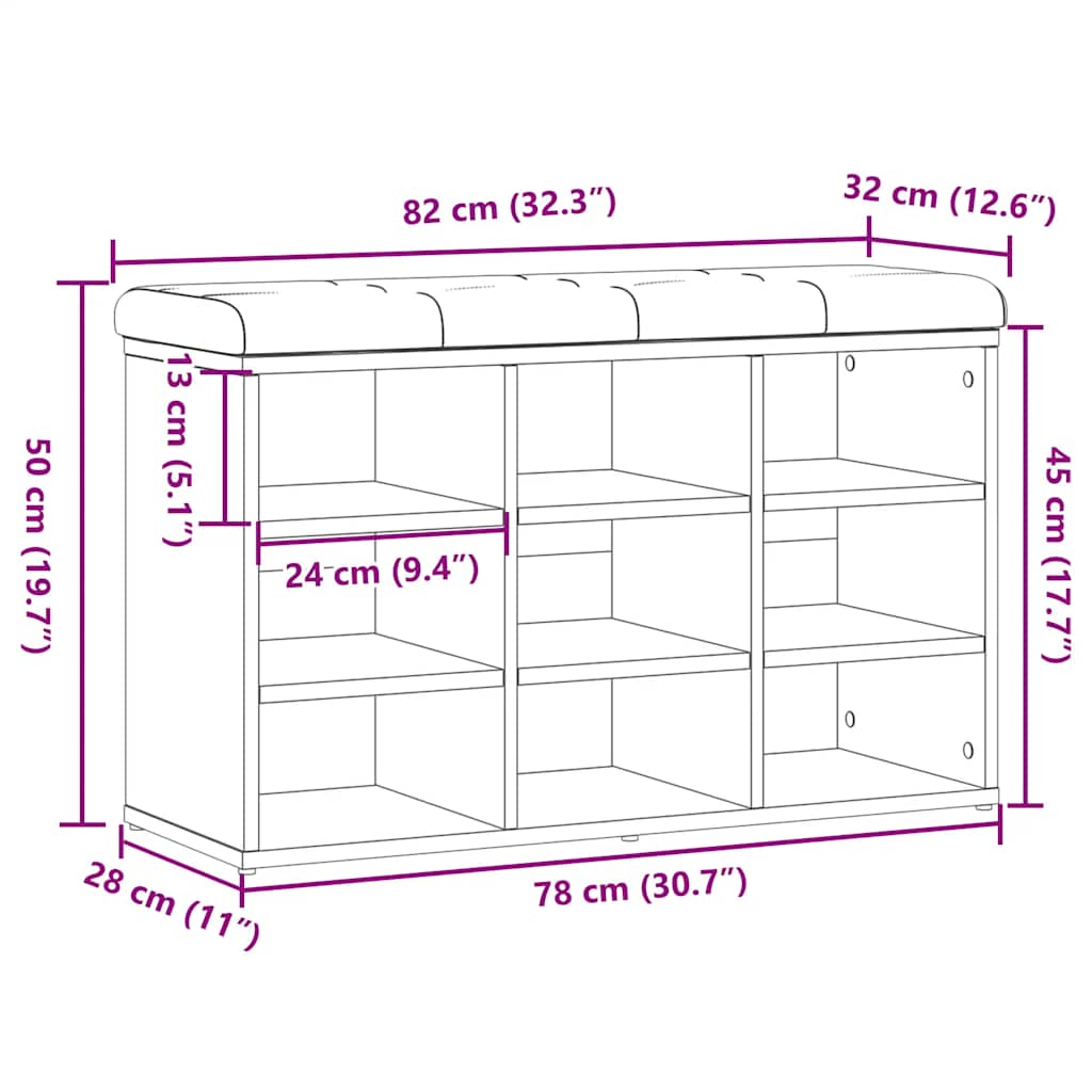 Shoe Bench Old Grained Wood 9 Compartments Wide & Deep