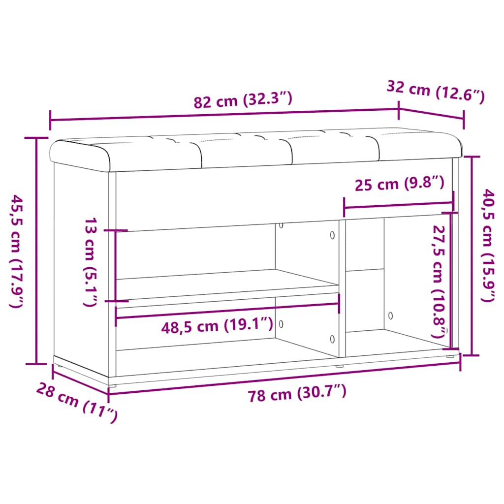 Shoe Bench Old Grained Wood 3 Compartments Medium