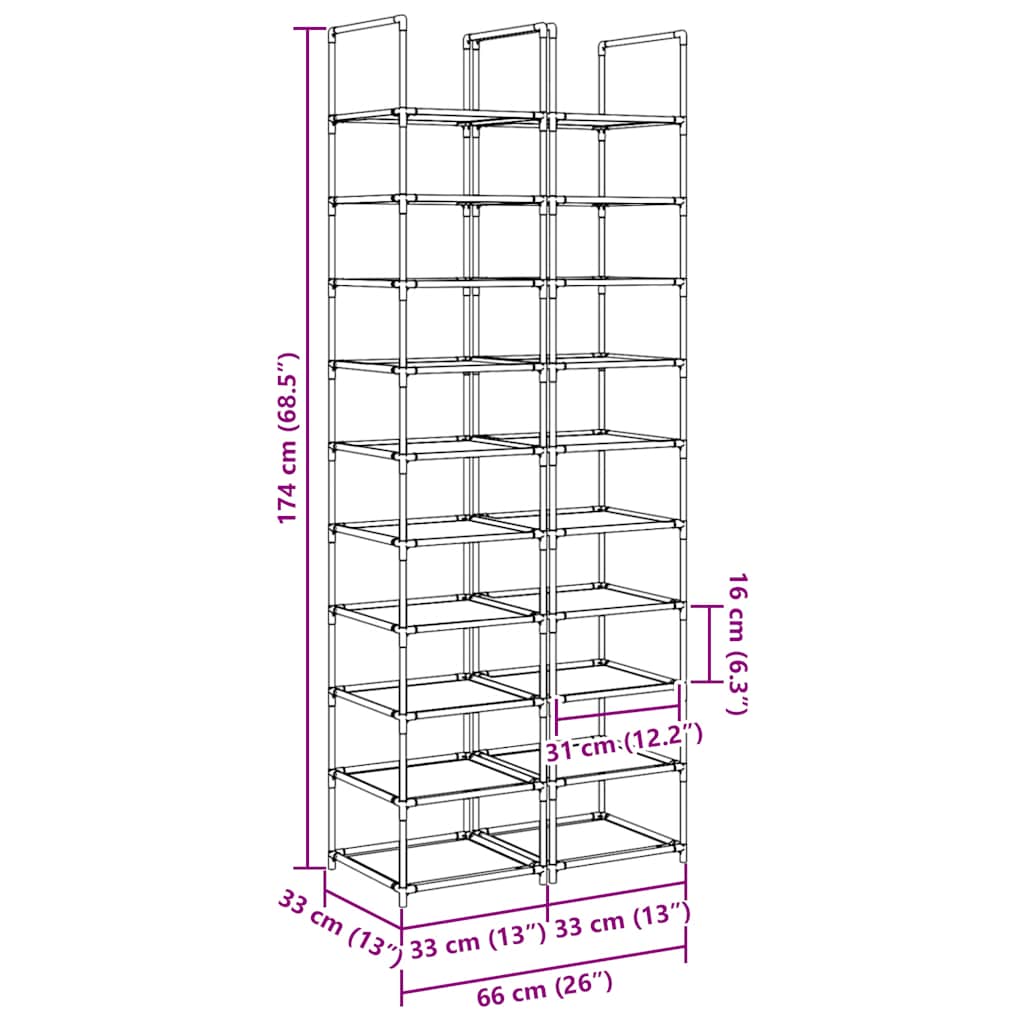 Gray Set Of 2 Fabric 10 Compartments Shoe Rack