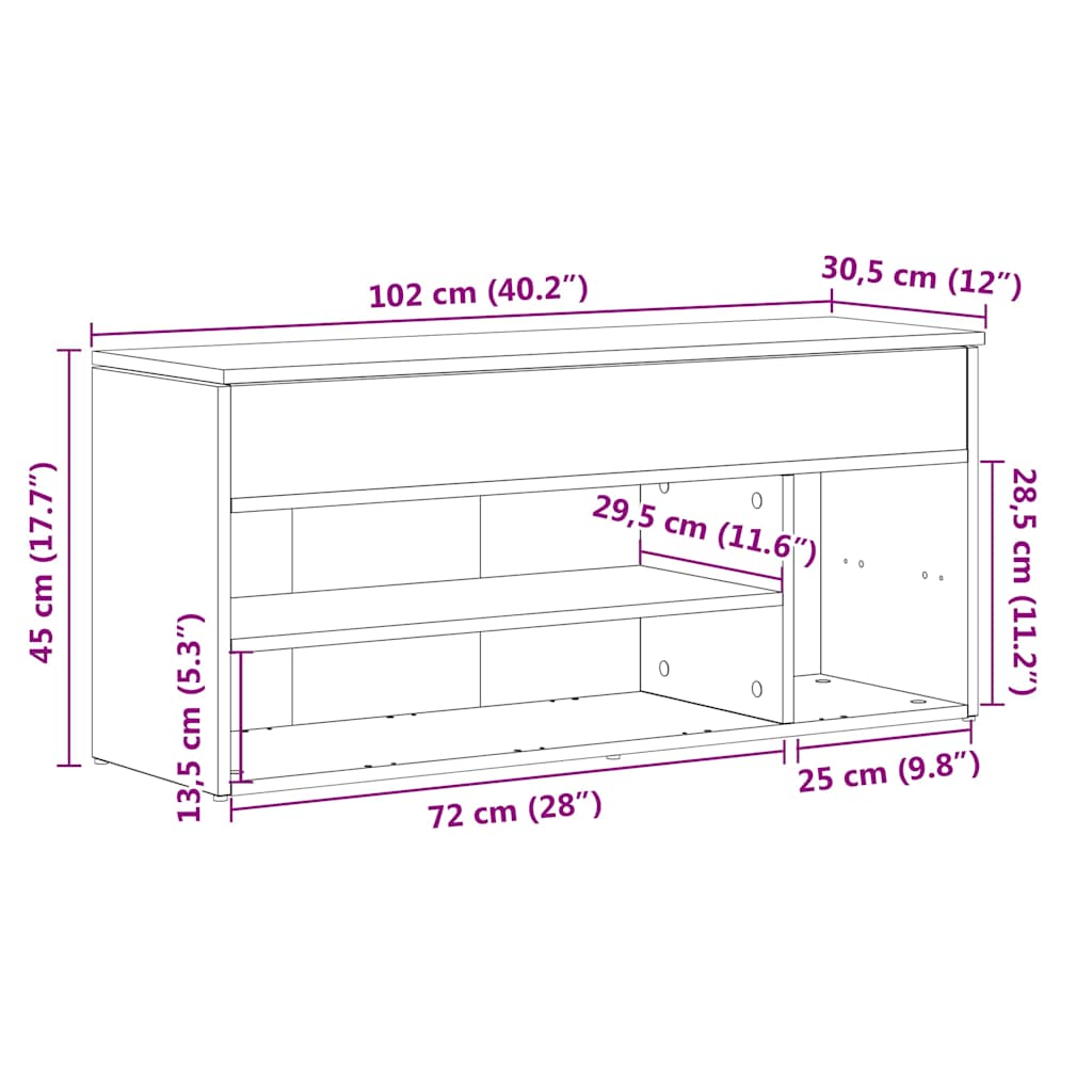 Shoe Bench Black Wood 3 Compartments Medium
