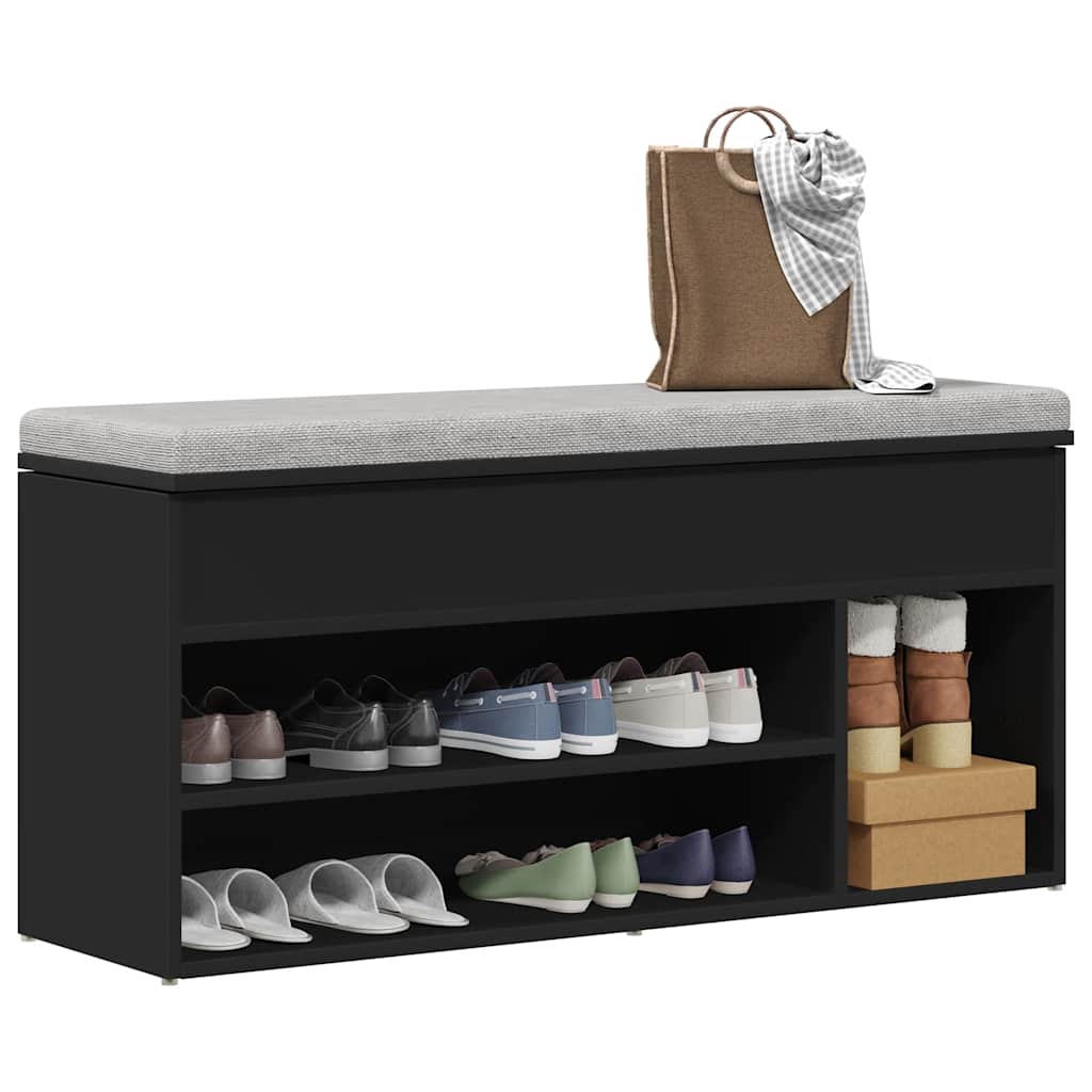 Shoe Bench Black Wood 3 Compartments Medium