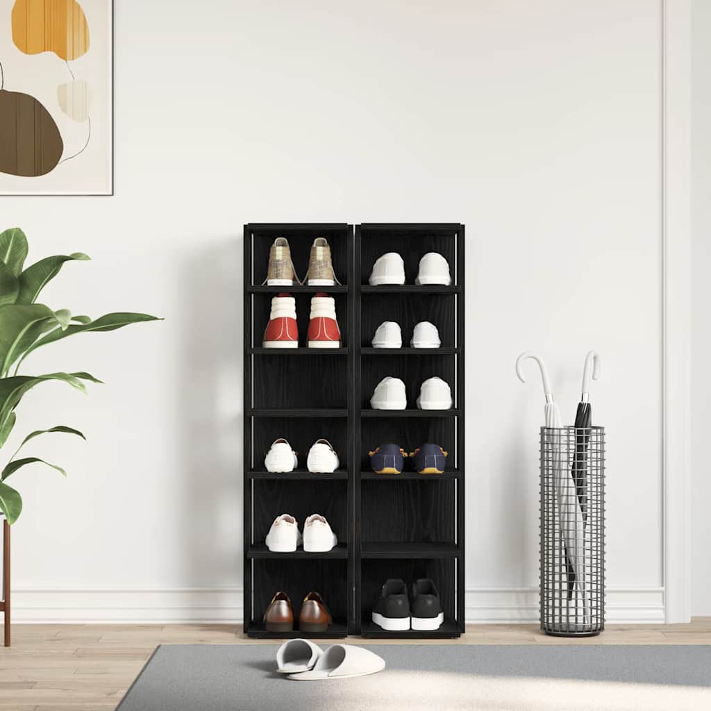 Set Of 2 Shoe Rack Black Wood 6 Compartments Tall & Skinny